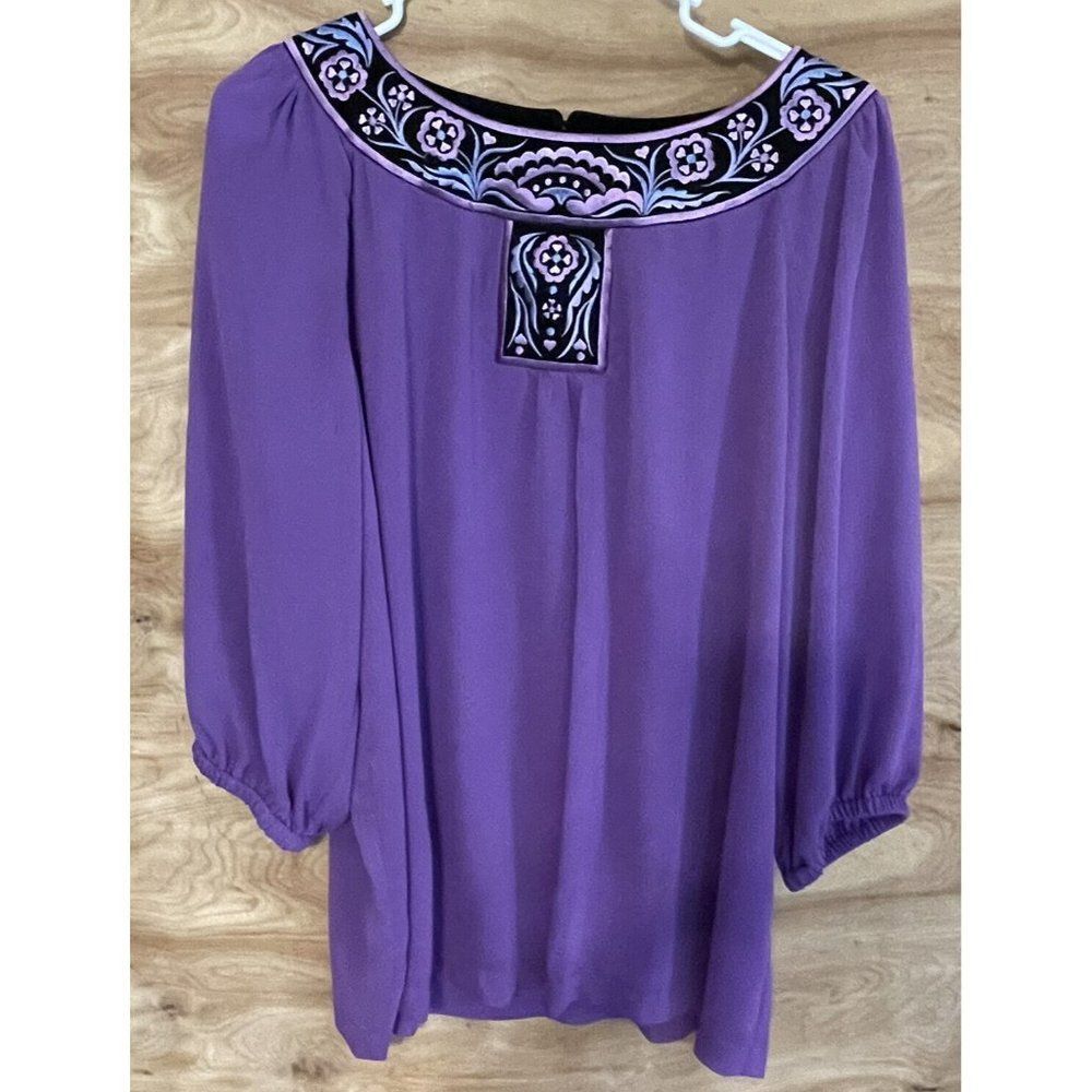 Bob Mackie Wearable Art Floral Blouse Womens Sz Large Boho Purple Embroidered